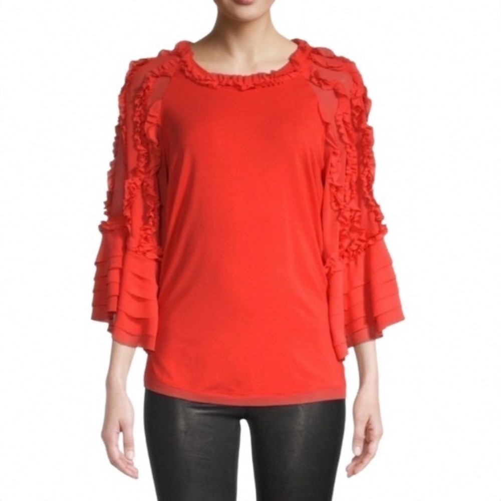 Kobi Halperin Aliza Ruffle Top Red Bell Sleeve Mesh Detail XS KU1K03